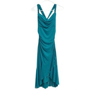 Ruby Rox Teal Blue Ruched Cowl Neck High-Low Ruffle Cocktail Dress Womens Medium